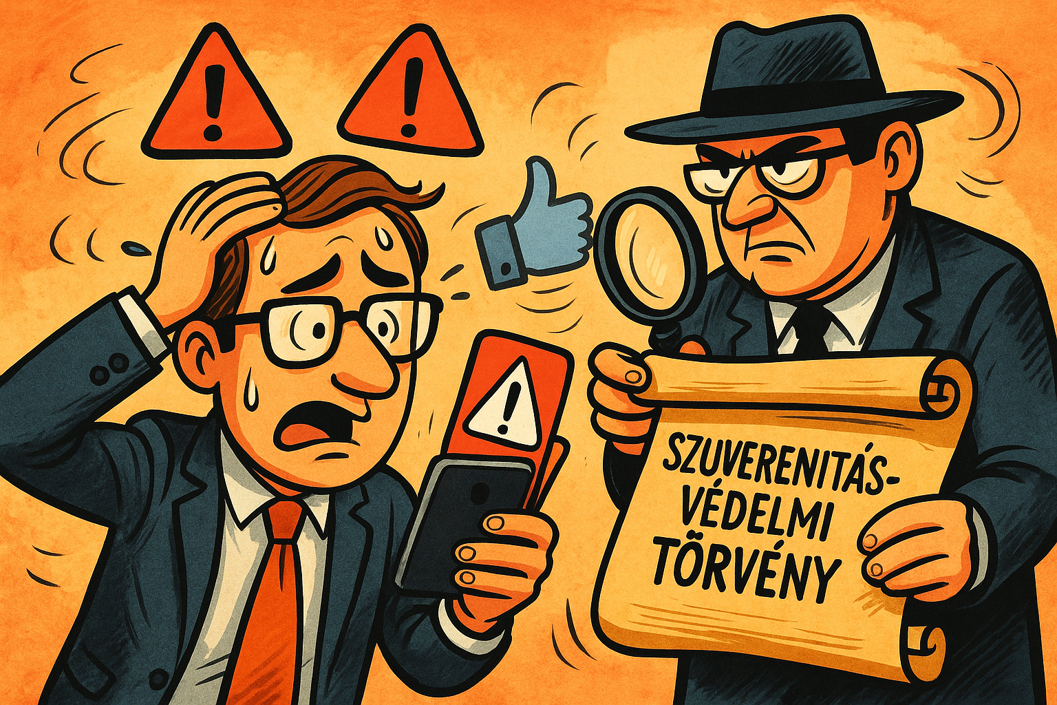 Karikatúraszerű illusztráció egy megriadt vállalkozóról, akit a szuverenitásvédelmi törvény következményei fenyegetnek, miközben egy hivatalos személy a közösségi média aktivitását vizsgálja.